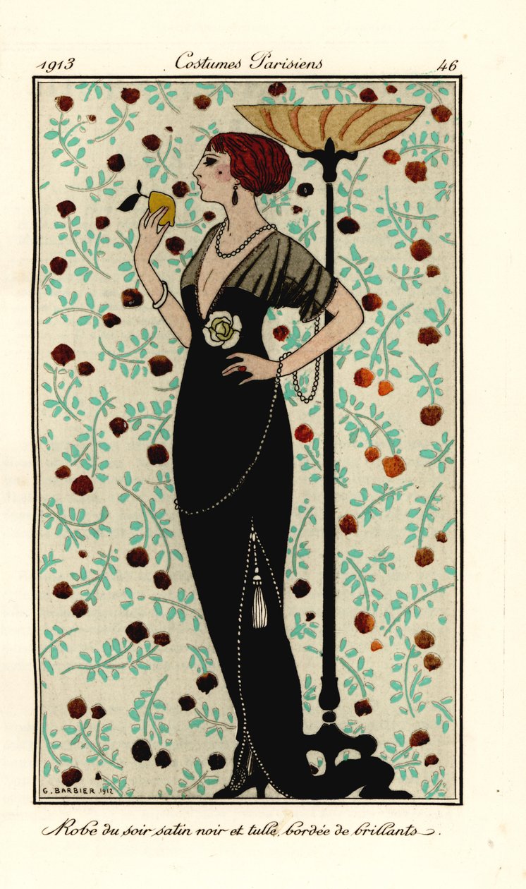 Kvinde i aftenkjole af sort satin og tyl, kantet med brillanter. Soir-kappe satin noir et tyl, bordee de brillants. Håndfarvet pochoir (stencil) radering efter en illustration af George Barbier fra Tommaso Antonginis Journal des Dames et des Mo af Georges Barbier