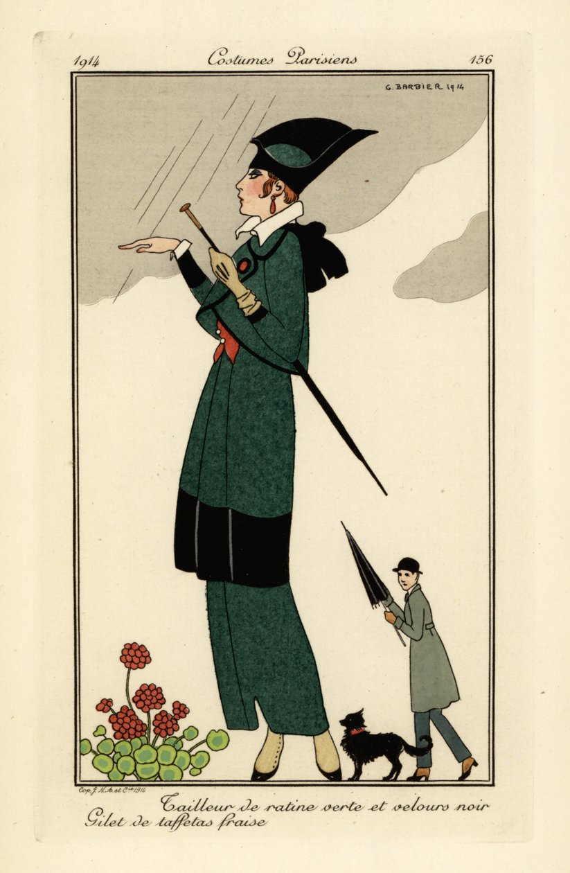 Kvinde i grøn ratine og sort fløjlsdragt. af Georges Barbier