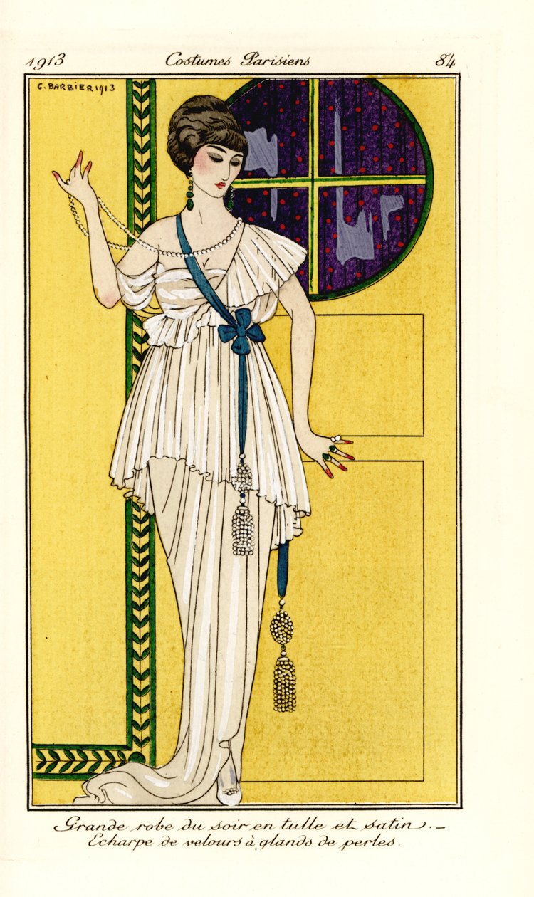 Kvinde i luksuriøs aftenkjole af tyl og satin, grønt fløjlsbånd med perlekvast. Grande robe du soir en tyl et satin, echarpe de velours at glands de perles. Håndfarvet pochoir (stencil) radering efter illustration af George Barbier fra Tomm af Georges Barbier
