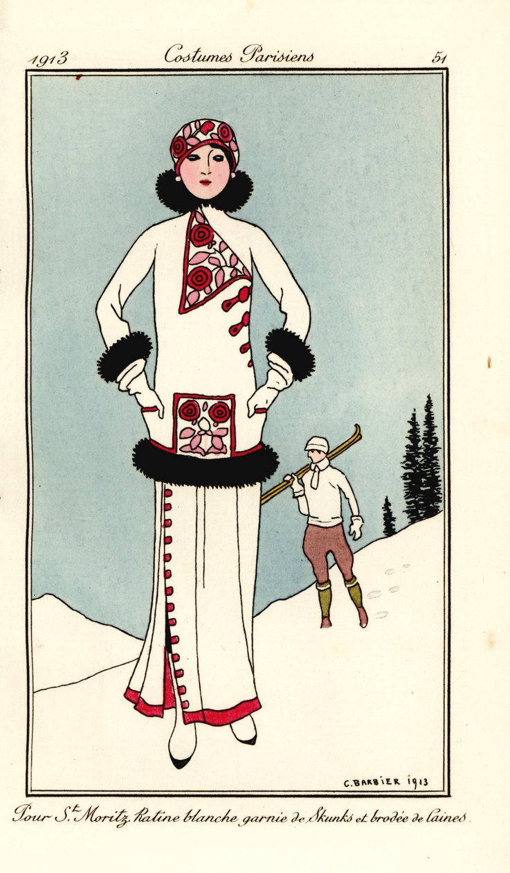 Kvinde i outfit til St. Moritz i hvid frise med skunkkant og uldbroderi. Hæld St. Maritz ratine blanche garnie de skunks et brodee de laine. Håndfarvet pochoir (stencil) radering efter en illustration af George Barbier fra Tommaso Antongini