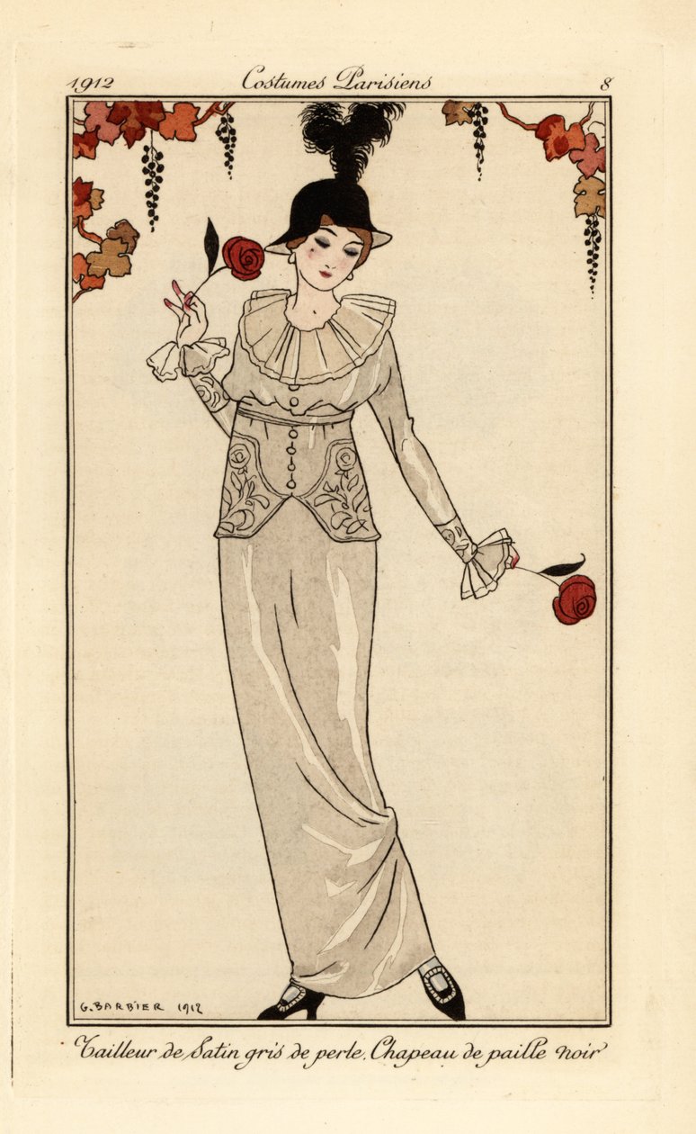 Kvinde i perlegråt jakkesæt og sort stråhat. Perlegrå satindragt, sort stråhat. Håndfarvet pochoir (stencil) radering efter en illustration af George Barbier fra Tommaso Antonginis Journal des Dames et des Modes, Aux Bureaux du Jo af Georges Barbier