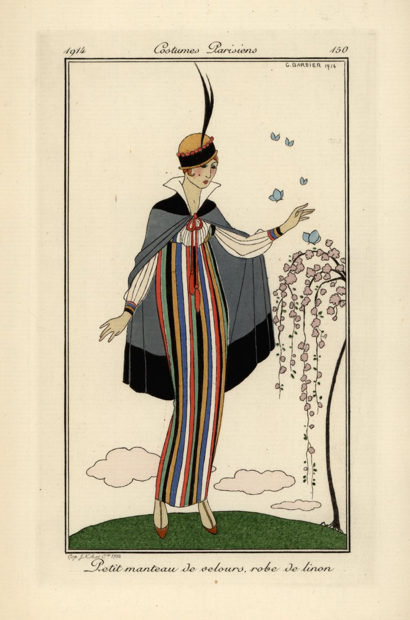 Kvinde i stribet hørkjole med kort fløjlsfrakke. af Georges Barbier