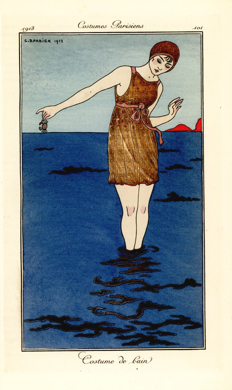Kvinde i svømmekostume op til anklerne i havet på en strand med en krabbe. Kostume de bain. Håndfarvet pochoir (stencil) radering efter en illustration af George Barbier fra Tommaso Antonginis Journal des Dames et des Modes, Aux Bureaux du Journal af Georges Barbier
