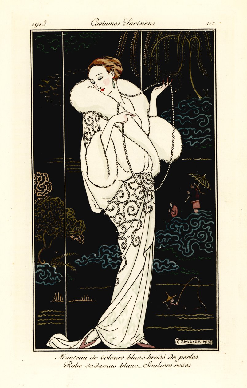Kvinde i fløjlskape, damaskkjole og lyserøde hjemmesko. af Georges Barbier