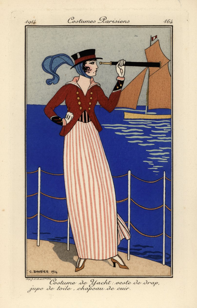 Kvinde i yachtoutfit holder et teleskop. af Georges Barbier