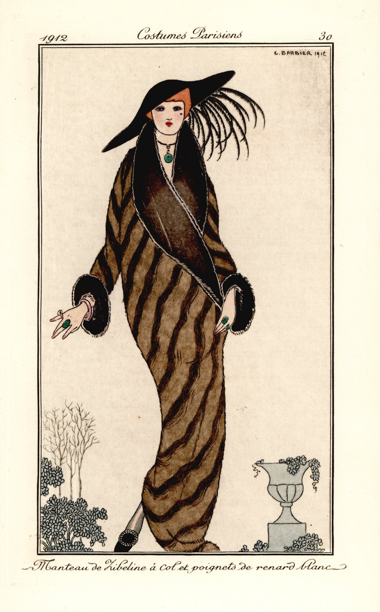 Kvinde i sobelfrakke med krave og manchetter i hvid rævepels. Sable frakke har hvid rævekrave og manchetter. Håndfarvet pochoir (stencil) radering efter en illustration af George Barbier fra Tommaso Antonginis Journal des Dames et des Modes, Au af Georges Barbier