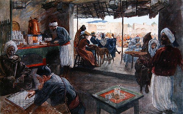 En café i Marokko, ca. 1900 (farve litho) af Georges Bertin Scott