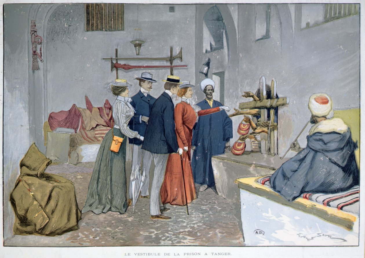 Entré til fængslet i Tanger, ca. 1900 (farve litho) af Georges Bertin Scott