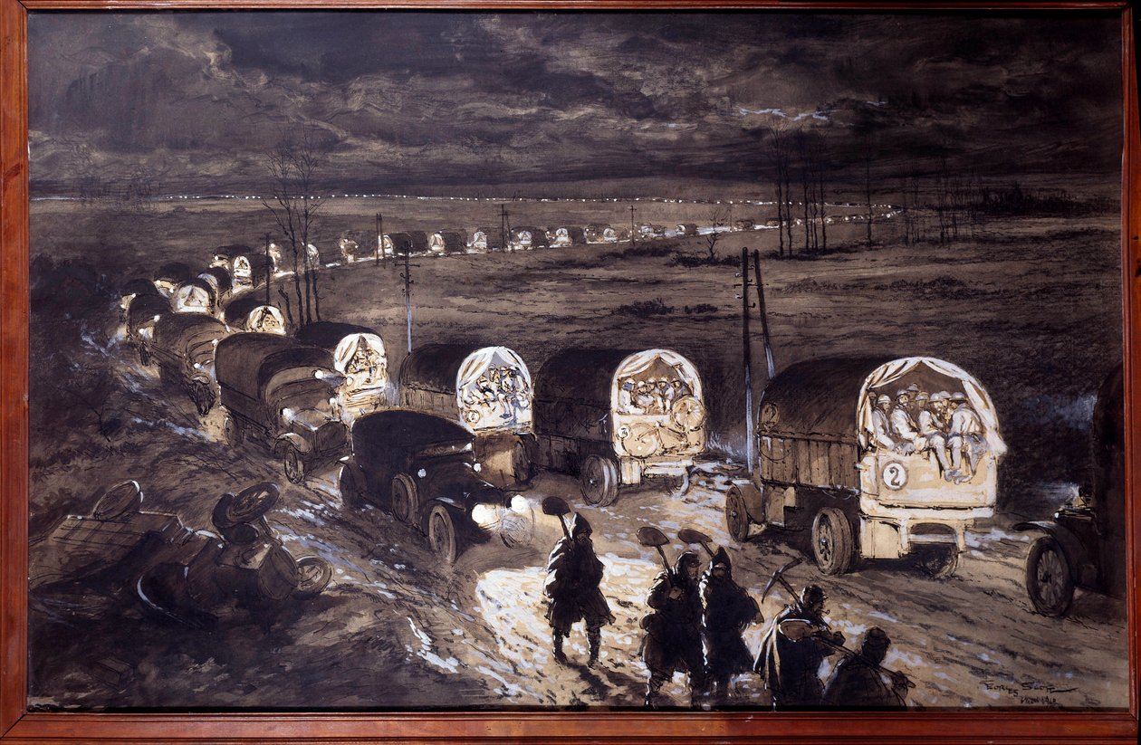 Første Verdenskrig (1914-1918): "The Sacred Way of Verdun" Akvarel af Georges Bertin Scott (1873-1942) dit Scott de Plagnolles. marts 1916. Søn 0,7x1,1 m Paris, musee de l