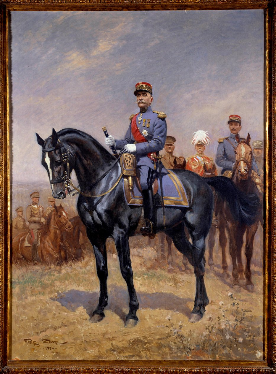 Første Verdenskrig: "" Rytterportræt af Ferdinand Foch (1851-1929) marechal of France"" Bag ham, Douglas Haig, Armando Diaz og Maxime Weygang. Maleri af Georges Bertin Scott (1873-1942) dit Scott de Plagnolles 1930 søn. 1,25x0,92 m. Paris, Musée d af Georges Bertin Scott