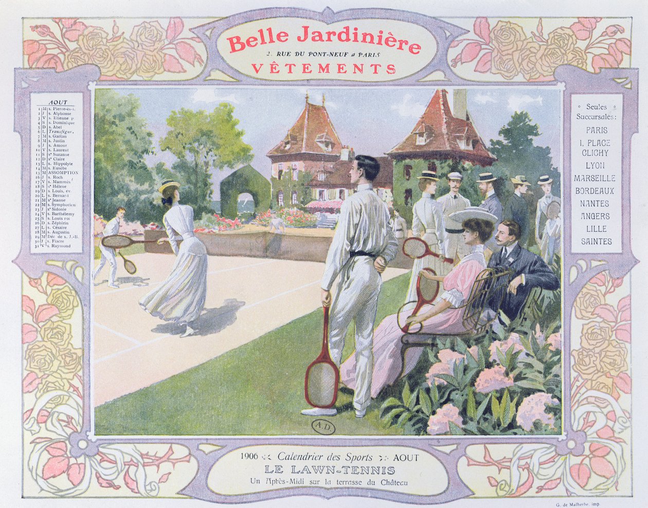 Lawn Tennis, illustration for august fra en kalender for tøjbutikken 