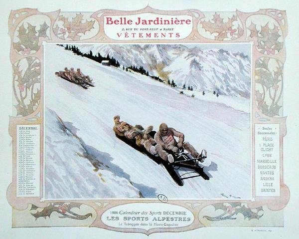 Kælkning, illustration for december fra en kalender for tøjbutikken 