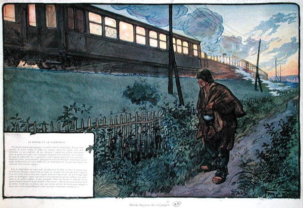 To rejsemåder, eksprestoget og vagabonden, begyndelsen af det 20. århundrede (farve litho) af Georges Bertin Scott