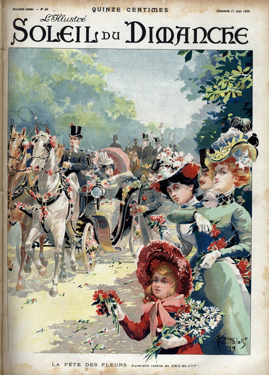 Blomsterfest. Fra en akvarel af Geo Blott. Indgravering i "" Le sun-du-dimanche"", 11. juni af Georges Blott