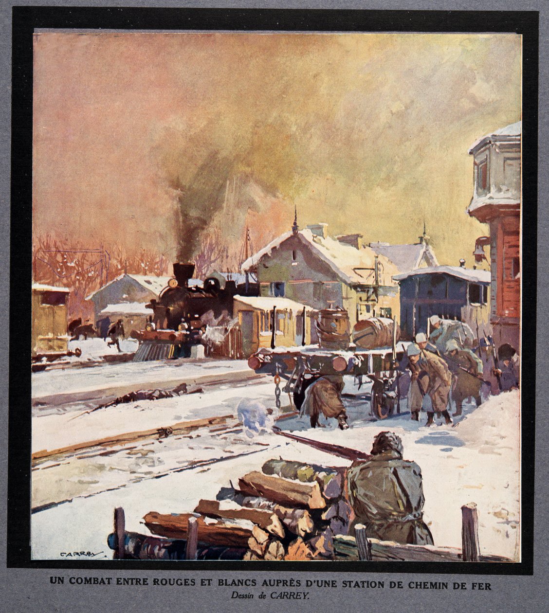 En kamp mellem den røde og den hvide garde på en jernbanestation, fra Histoire des Soviets, pub. 1922 (farvelitografi) af Georges Carrey