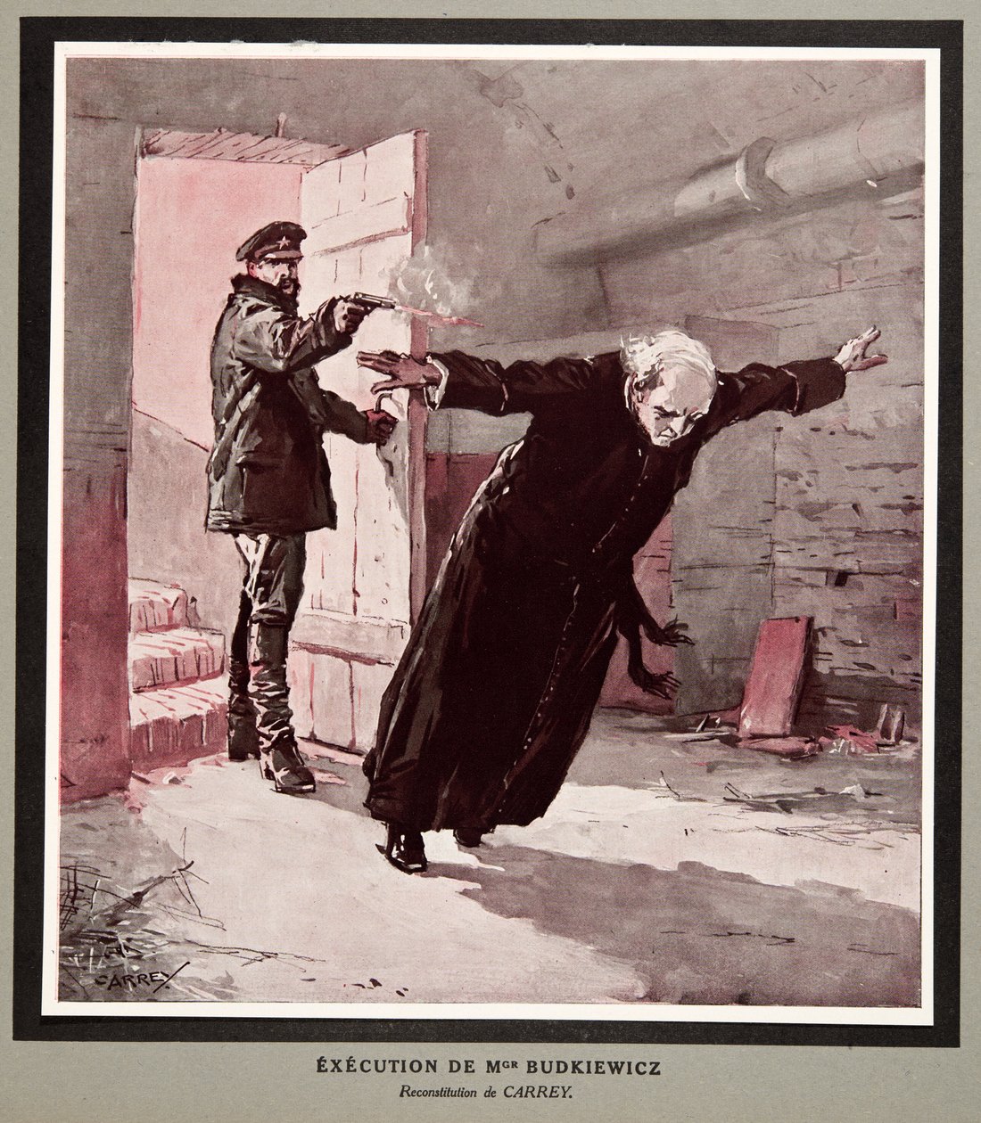 Henrettelse af Monseignor Budkiewicz af OGPU, fra Histoire des Soviets, pub. 1922 (farvelitografi) af Georges Carrey