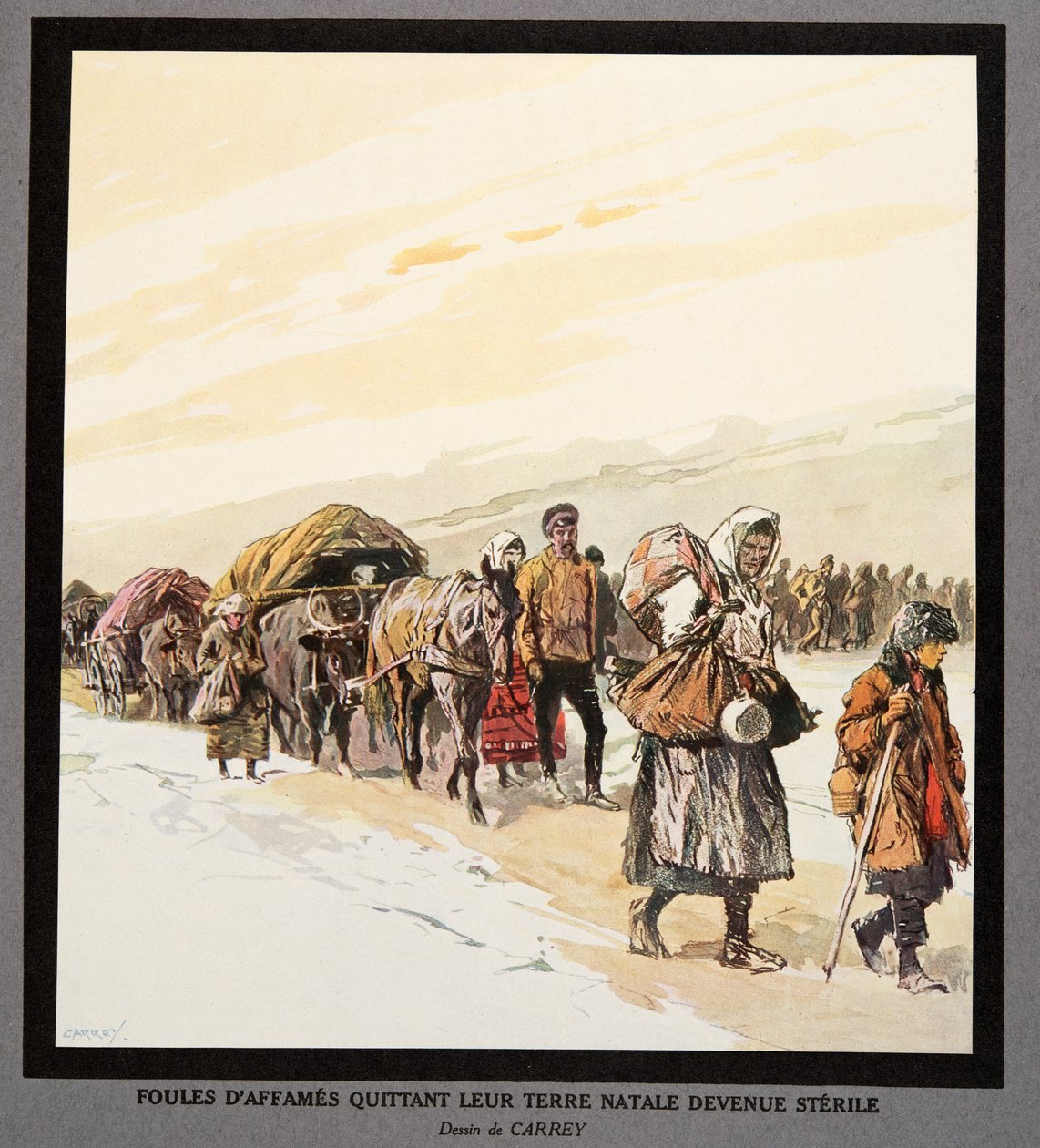 Udvandring af sultne mennesker fra deres hjemland, fra Histoire des Soviets, pub. 1922 (farvelitografi) af Georges Carrey