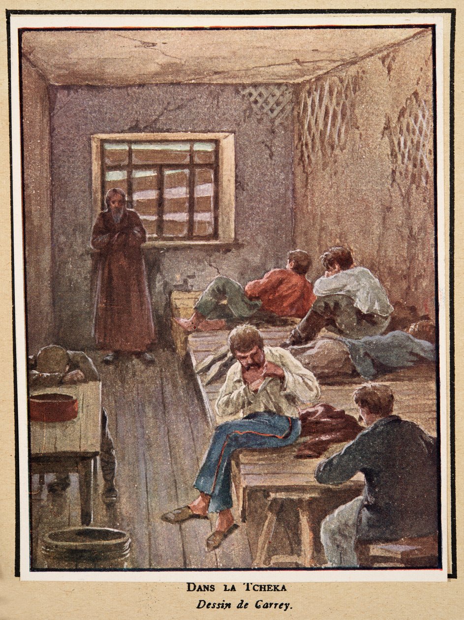 I Cheka; fra Histoire des Soviets, pub. 1922 (farvelitografi) af Georges Carrey