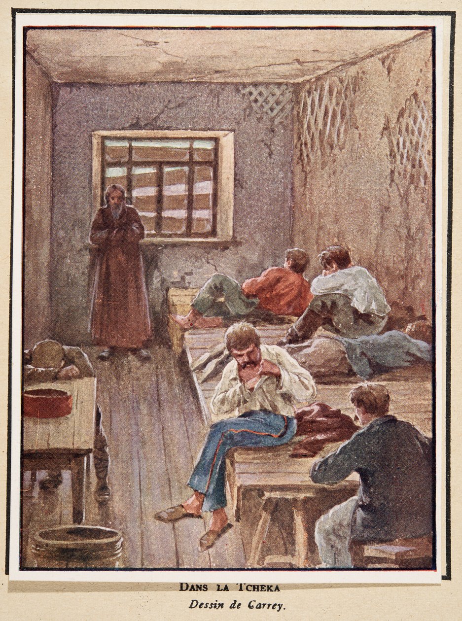 I Cheka; fra Histoire des Soviets, pub. 1922 (farvelitografi) af Georges Carrey