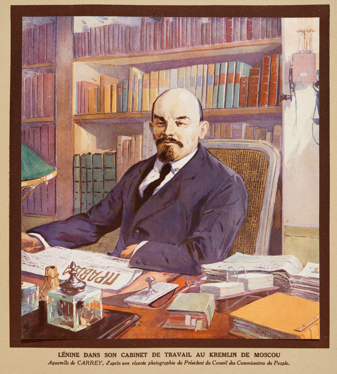 Lenin på sit kontor i Kreml i Moskva, fra Histoire des Soviets, pub. 1922 (farvelitografi) af Georges Carrey
