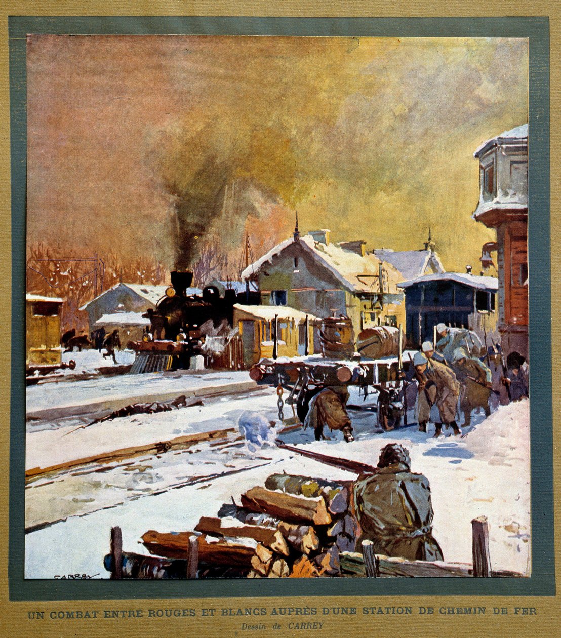 Den russiske revolution i 1917: kamp mellem hvide og røde mænd nær en jernbanestation af Georges Carrey
