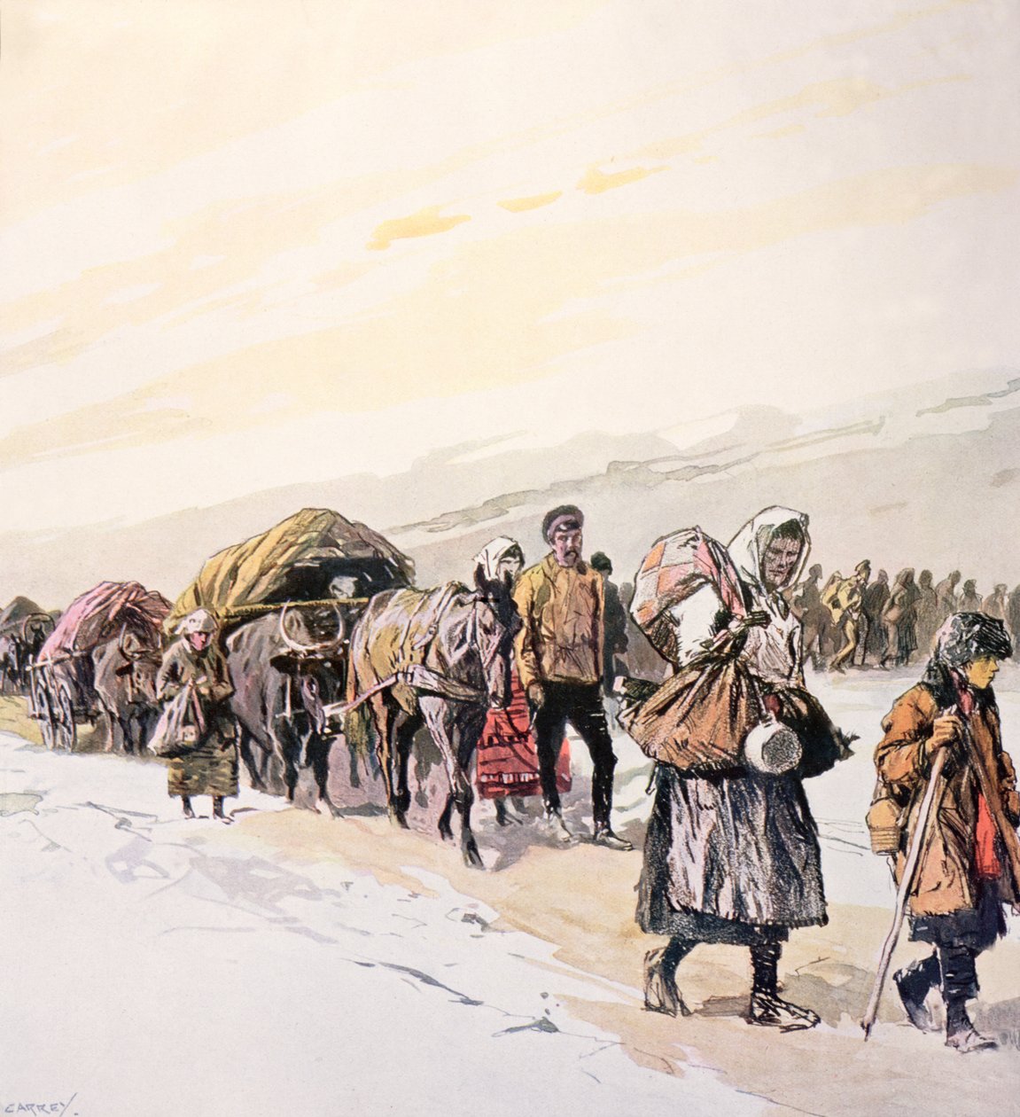 Sultende folkemængder forlader deres hjemland, ca. 1924 (farvelitografi) af Georges Carrey
