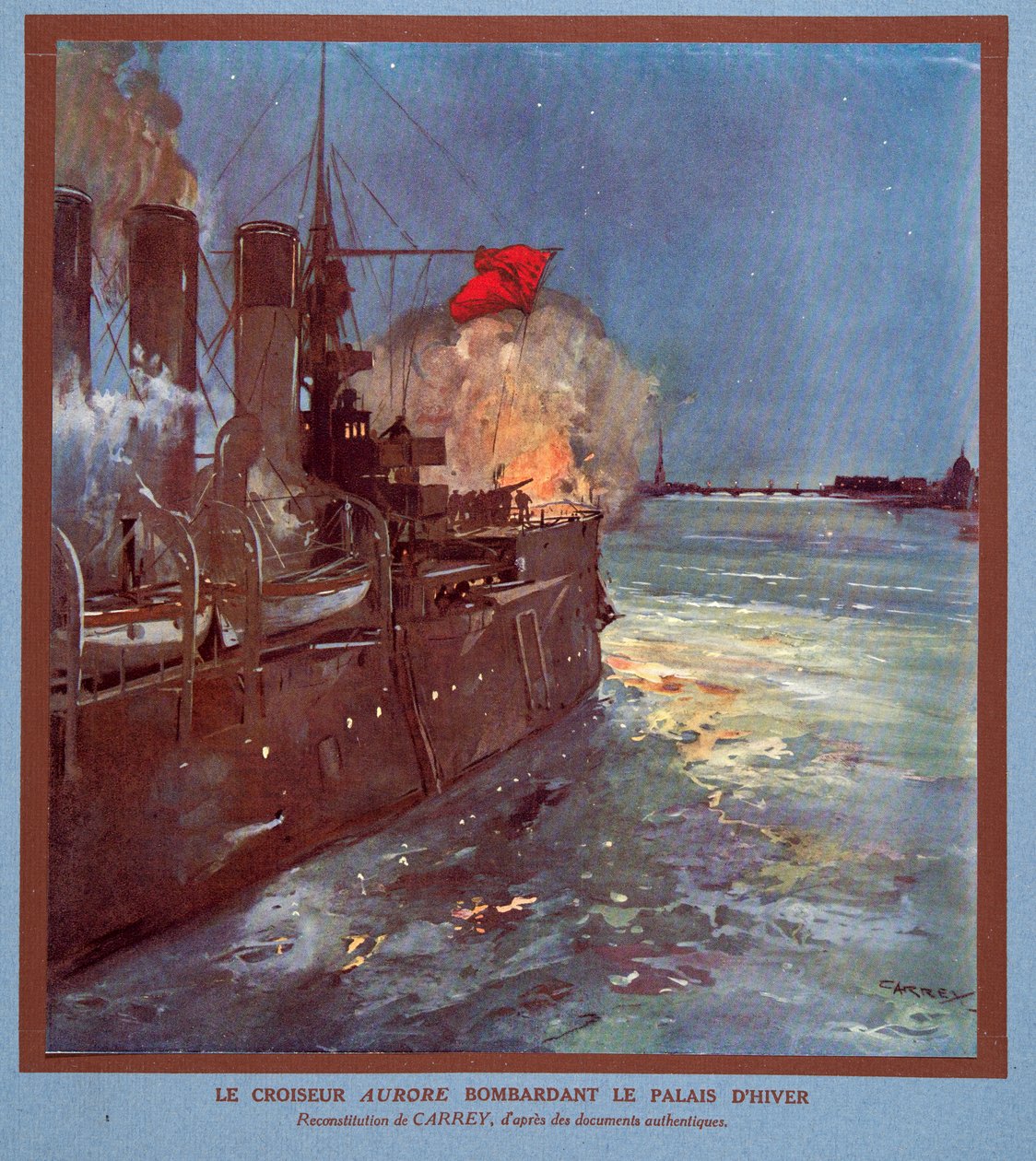 Krydseren Aurora skyder mod Vinterpaladset, fra Histoire des Soviets, pub. 1922 (farvelitografi) af Georges Carrey