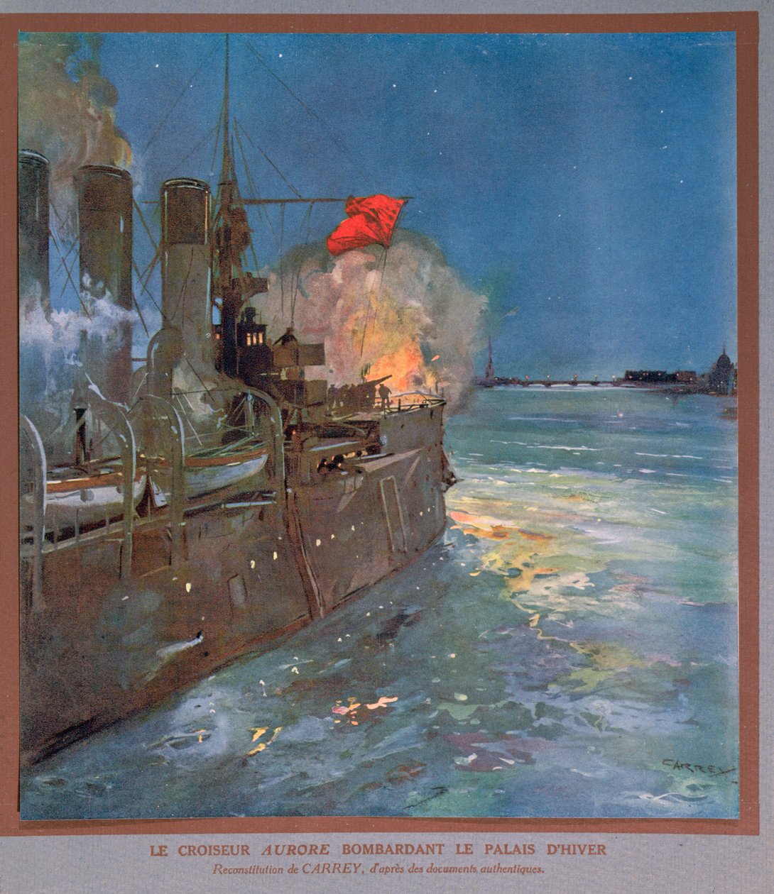 Krydseren Aurora bombarderer Vinterpaladset, ca. 1923-24 (farvelitografi) af Georges Carrey