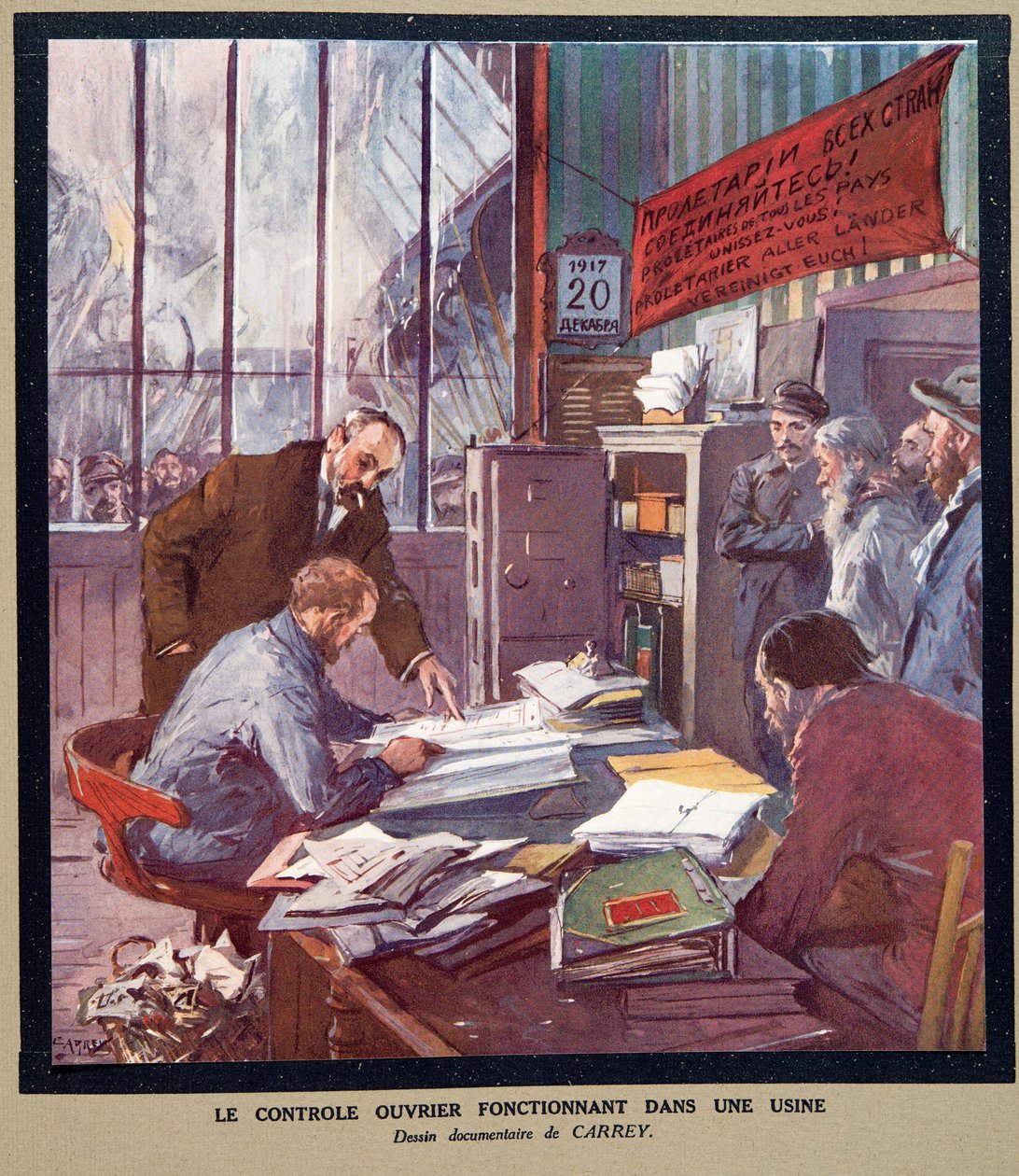 Arbejderkontrol i en sovjetisk fabrik på revolutionstidspunktet i 1917, fra Histoire des Soviets, pub. 1922 (farvelitografi) af Georges Carrey