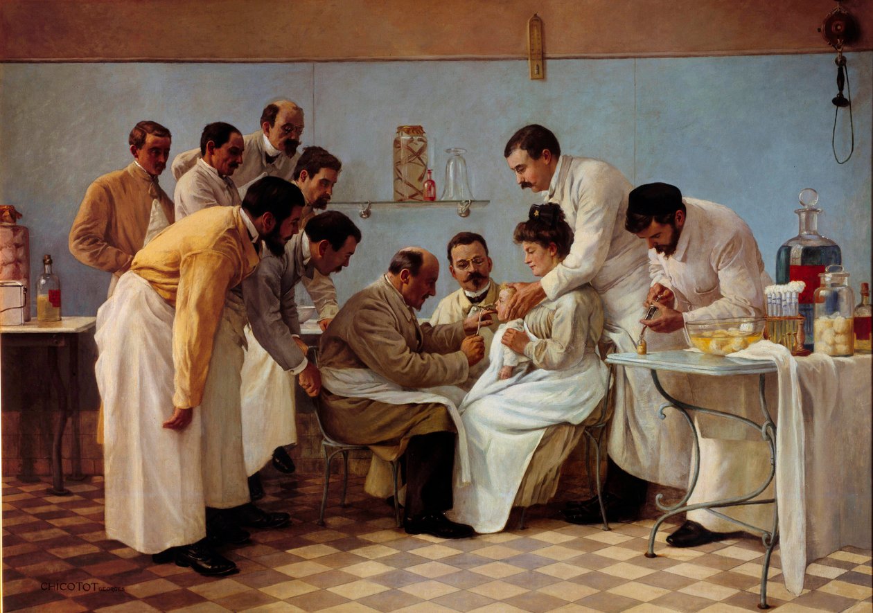 Medicin: "" Huset""" Indsættelse af et rør har et difterisk barn. Maleri af Georges Chicotot (aktivt mellem 1899 og 1907). 20. århundrede Søn. 1,3x1,8 m Musee de l