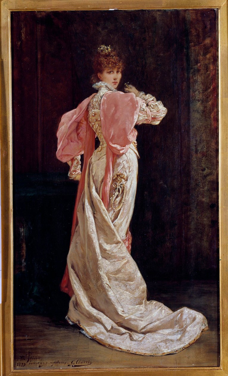 Portræt i fuld længde af den franske skuespillerinde Henriette Rosine Bernard kendt som Sarah Bernhardt (1844-1923) Maleri af Georges Jules Victor Clairin (1843 - 1919). 19. århundrede. Paris, fransk komedie af Georges Clairin