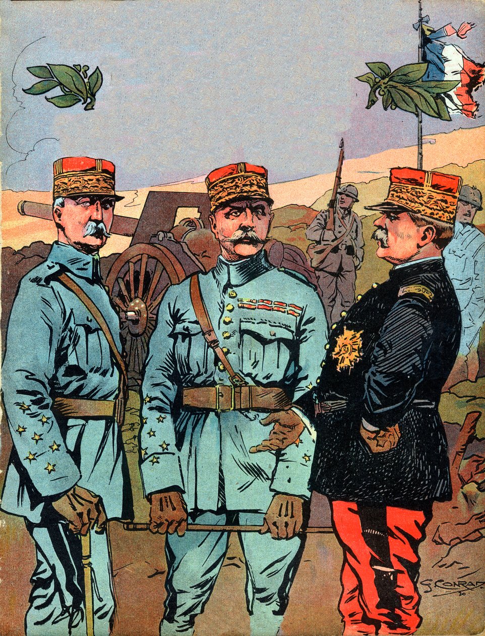 Marechal Joseph Jacques Cesaire Joffre (1852-1931), Marechal Ferdinand Foch (1851-1929) og Marechal Philippe Petain (1856-1951), Frankrigs store befriere under Første Verdenskrig - Illustration af Georges Conrad (1874-1936) taget fra "" Nos-Gires af Georges Conrad