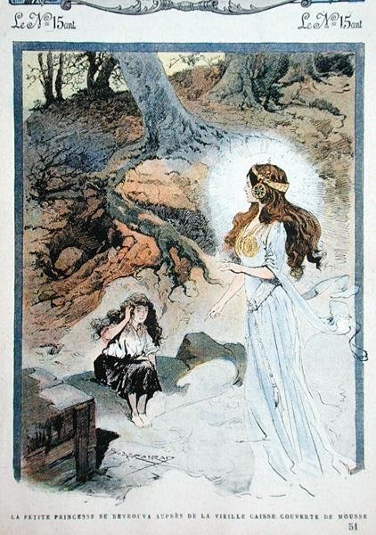 Den lille prinsesse befinder sig foran den gamle kiste, illustration fra en børnehistorie i magasinet 