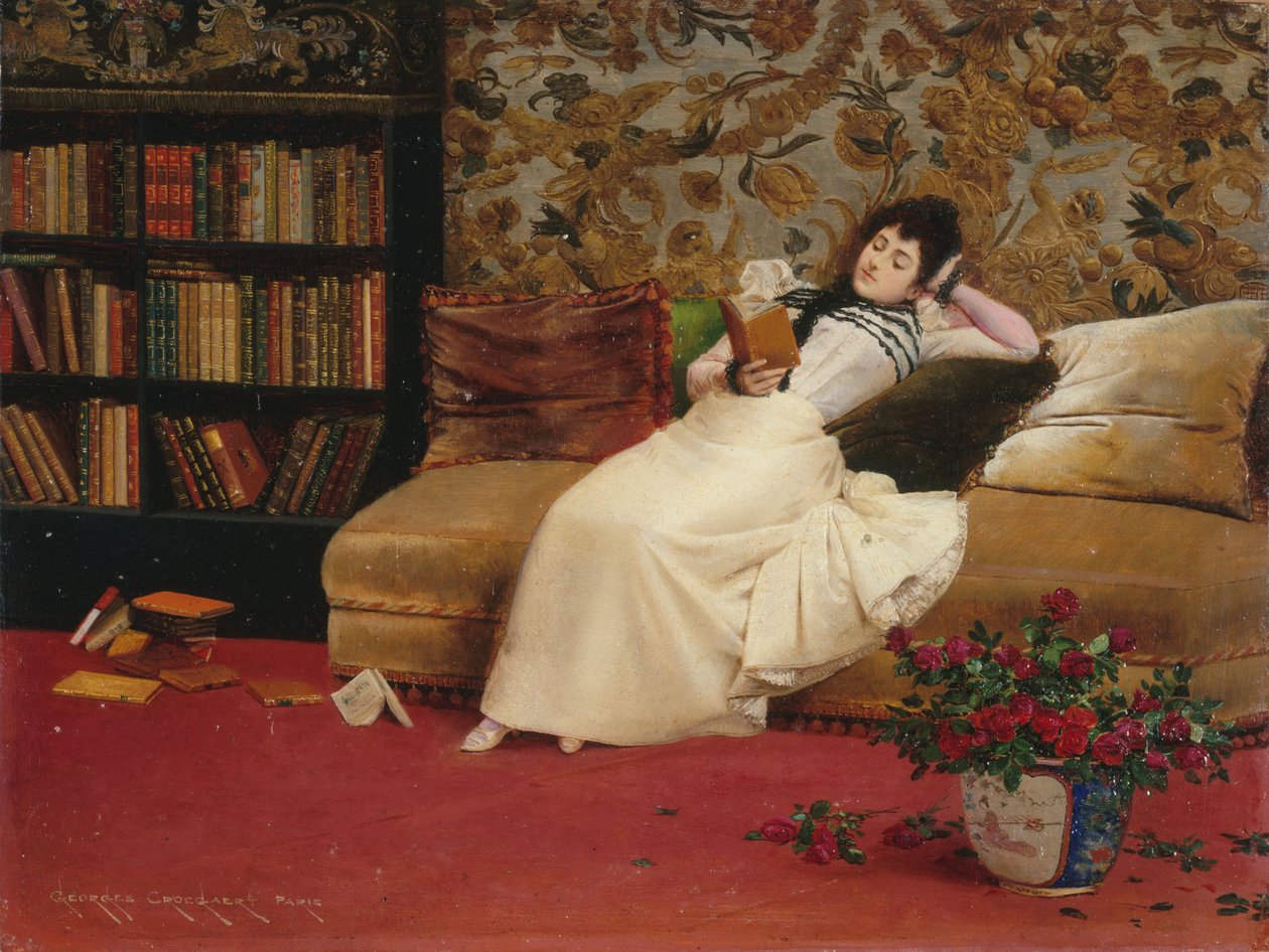 Reading, ca. 1890 (olie på lærred) af Georges Croegaert