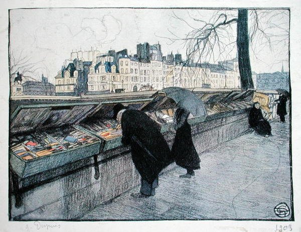Bouquinistes langs den venstre bred af Seinen nær Pont-Neuf, Paris af Georges Dupuis