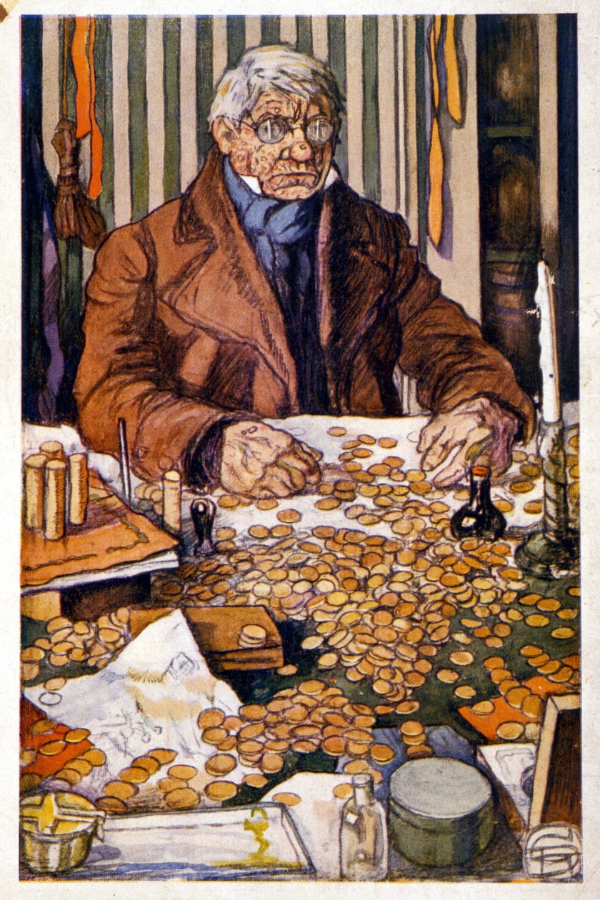 Le pere Grandet tæller sine penge - Illustration i "Eugenie Grandet" af Honore de Balzac, saml. Ideelt bibliotek af Georges Dupuis