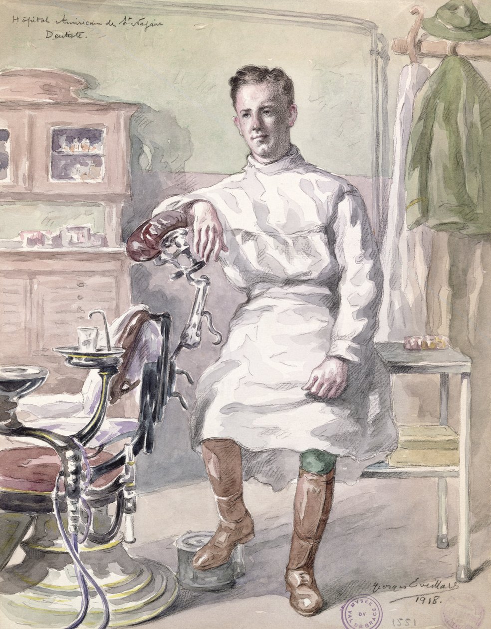 Militærtandlæge ved American Hospital of St. Nazaire, 1918 (wc på papir) af Georges Eveillard