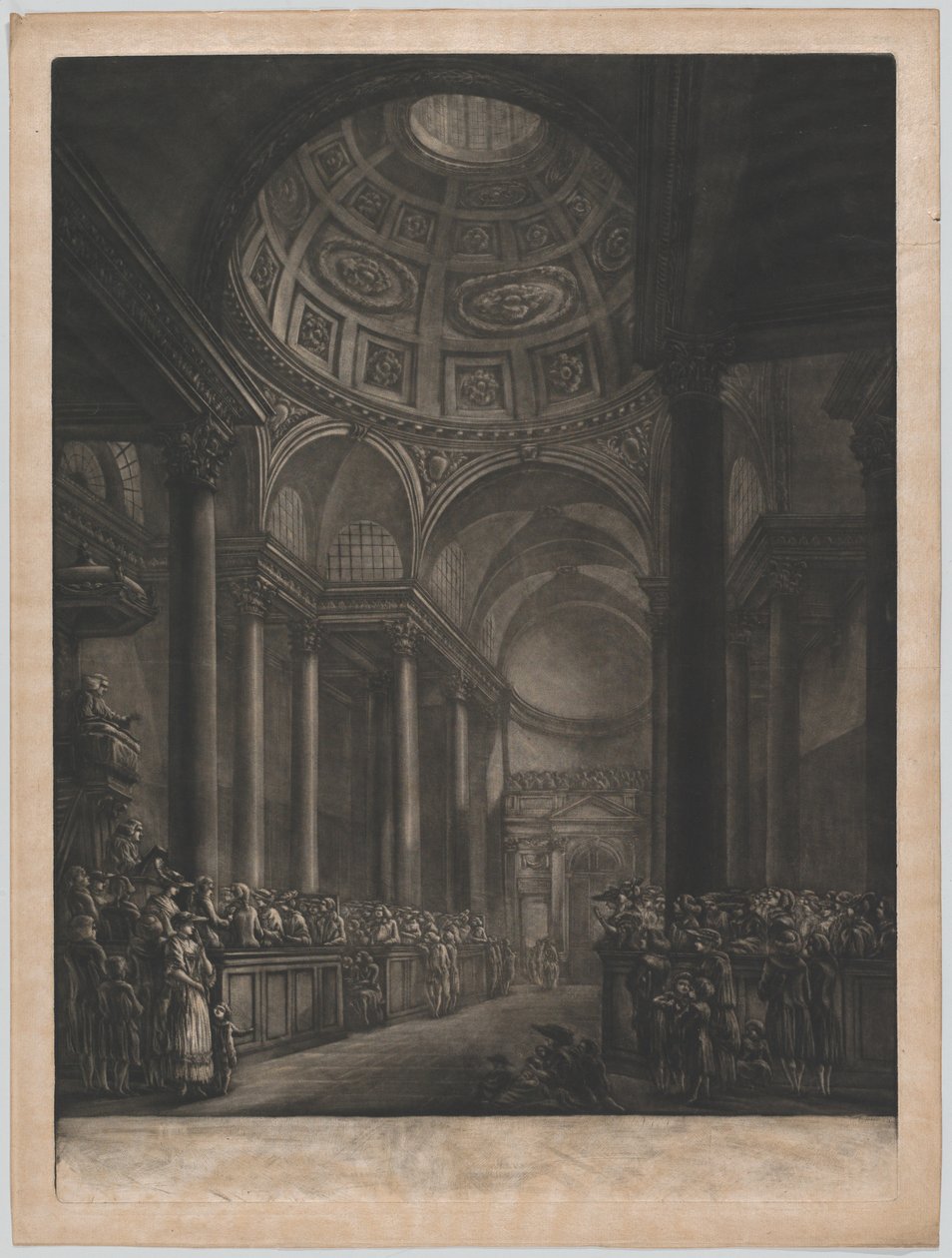 En udsigt over det indre af St. Stephens Walbrook, udført fra tegningen i hans Majestæts ..., ca. 1767. af Georges François Blondel