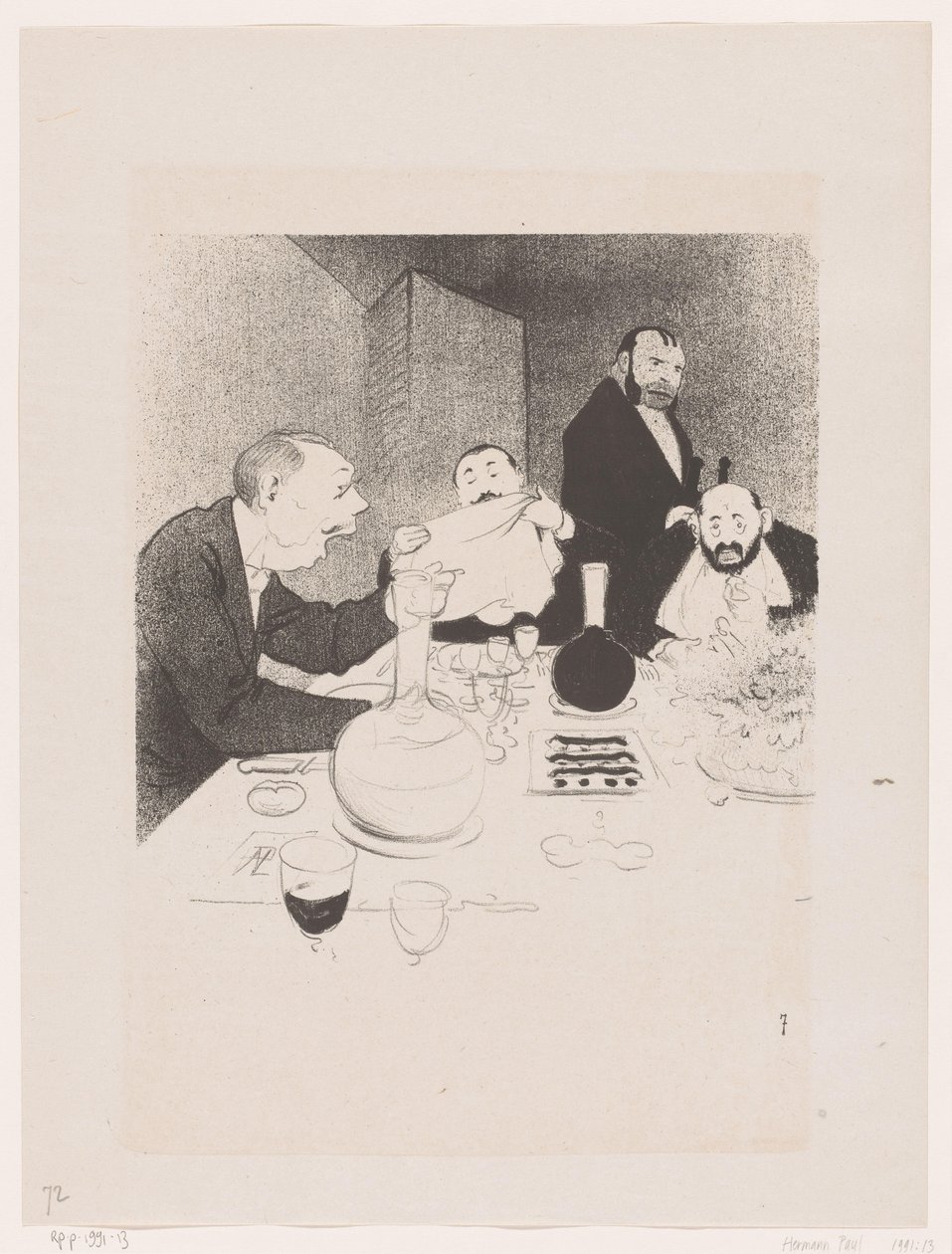 Mannen aan tafel under en diner Han er dekoreret og hans venner tilbyder ham en banket (original titel) Naturens store skuespil; livet af Mr. Any (original serietitel) af Georges Hermann Rene Paul