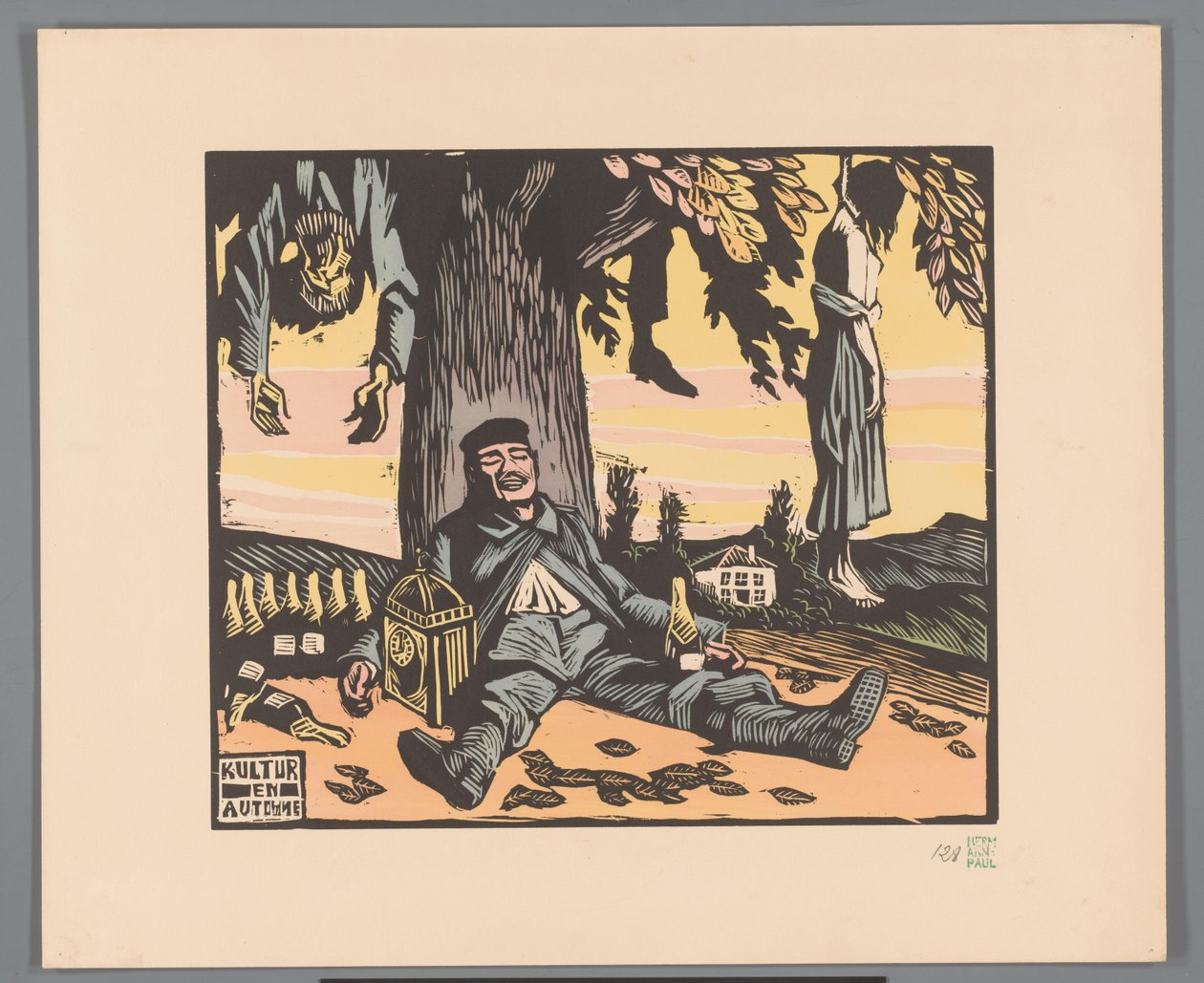 Soldat liggende mod et træ med hængte mennesker Kultur en automne (titel på objekt) af Georges Hermann Rene Paul