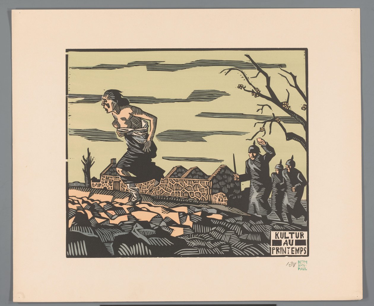 Kvinde flygter halvnøgen fra tre soldater over en mark Kultur au printemps (titel på objekt) af Georges Hermann Rene Paul