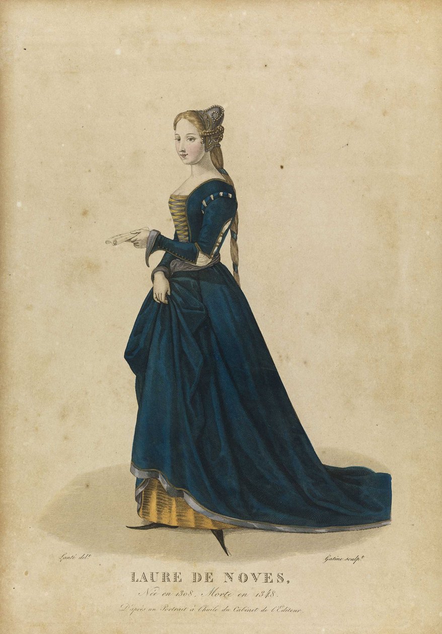 Laure de Sade - Laura de Noves (1310-1348) - Gatine, Georges Jacques (1773-1831) - Sent i det 18. århundrede. - Radering, akvarel - Privat samling af Georges Jacques Gatine
