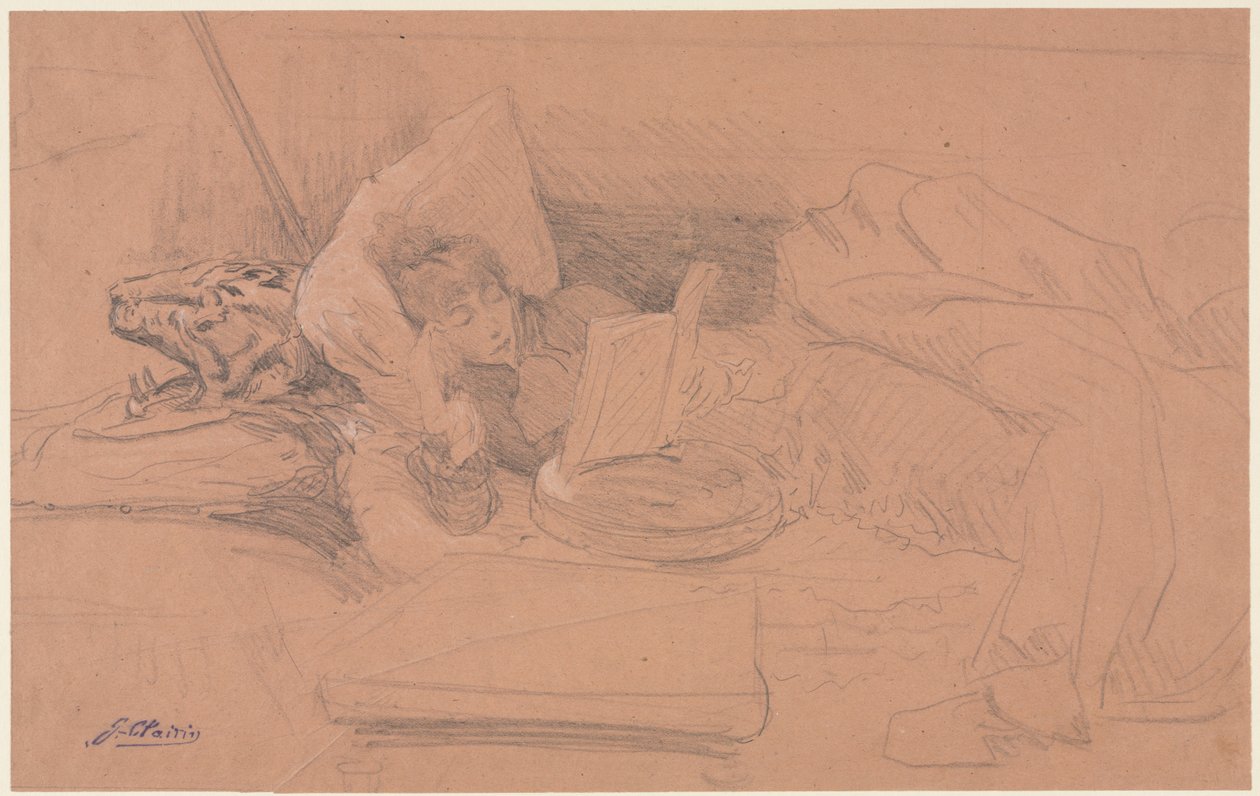 Sarah Bernhardt tilbagelænet på en divan, læser af Georges Jules Victor Clairin
