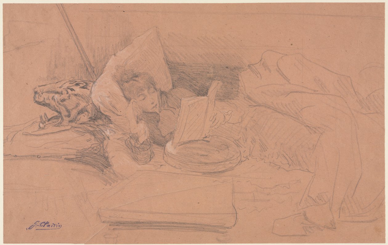 Sarah Bernhardt tilbagelænet på en divan, læser, ca. 1885-1890. af Georges Jules Victor Clairin
