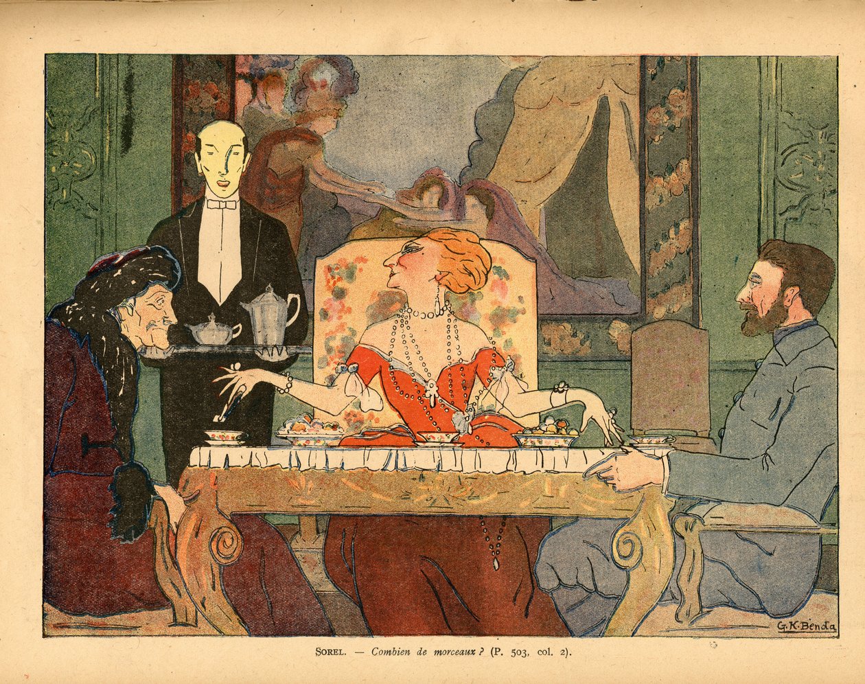 Hvor mange klumper (Cecile Sorel og hendes gæster, en militærveteran og Voltaire) af Georges Kugelmann Benda