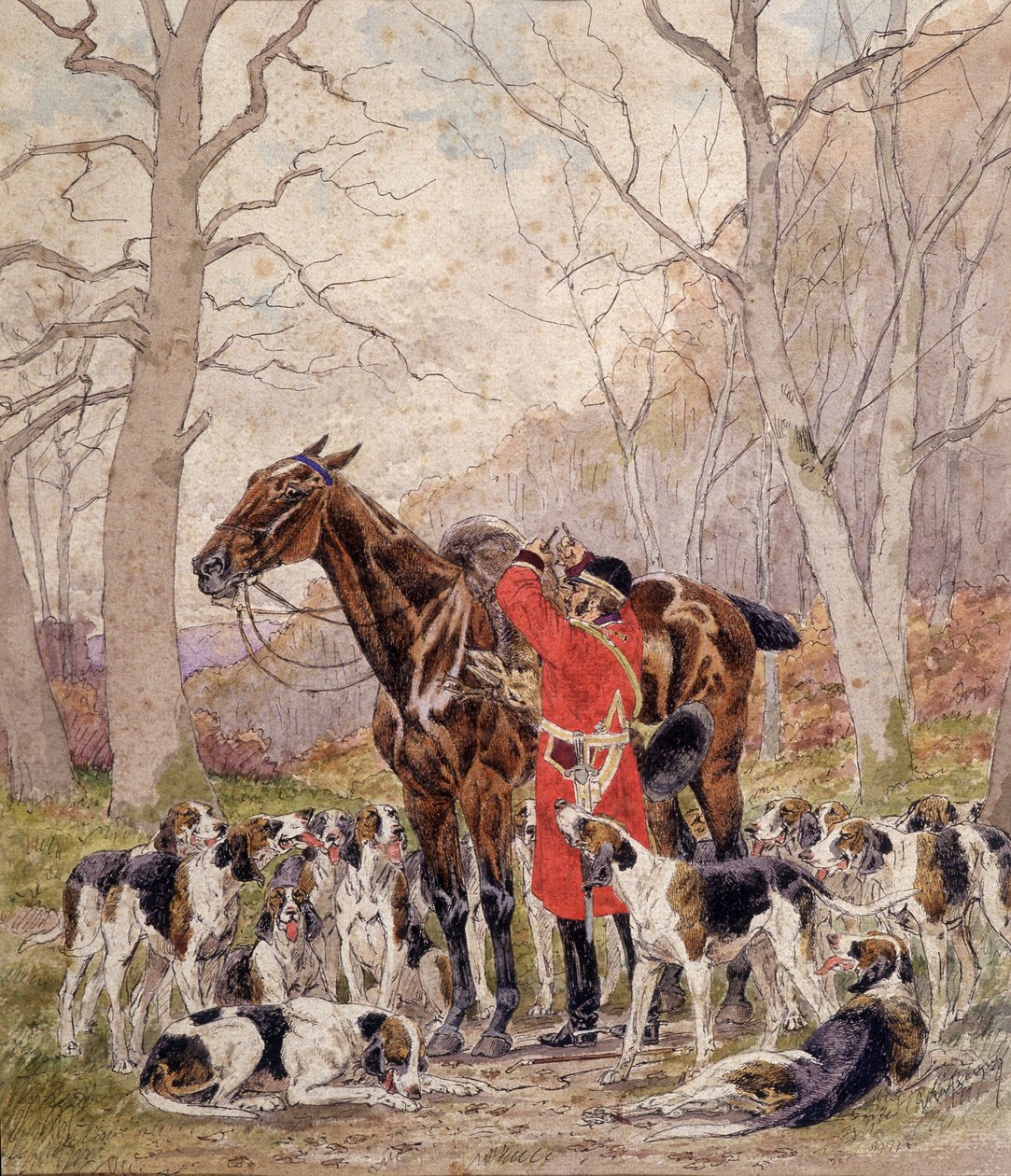 Lastning på hesten af en hjort dræbt under en hestejagt - tegning af Georges La Roque, omkring 1900 af Georges La Roque