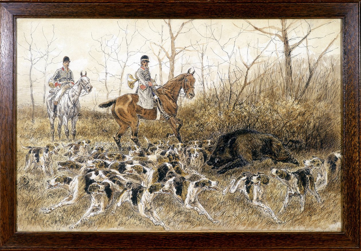 Flok hunde omkring et vildsvin på jagt - tegning af Georges La Roque, omkring 1900 af Georges La Roque