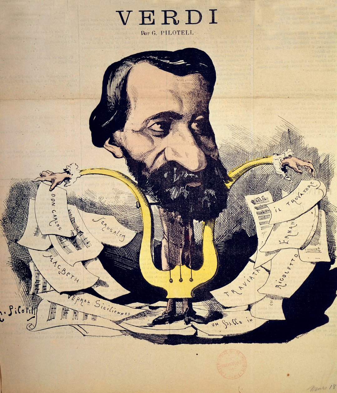 Tegnefilm af komponisten Giuseppe Verdi (1813-1901) af Pilotell (1845-1918) marts 1869. Nationale Musikkonservatorium, Paris af Georges Labadie Pilotell