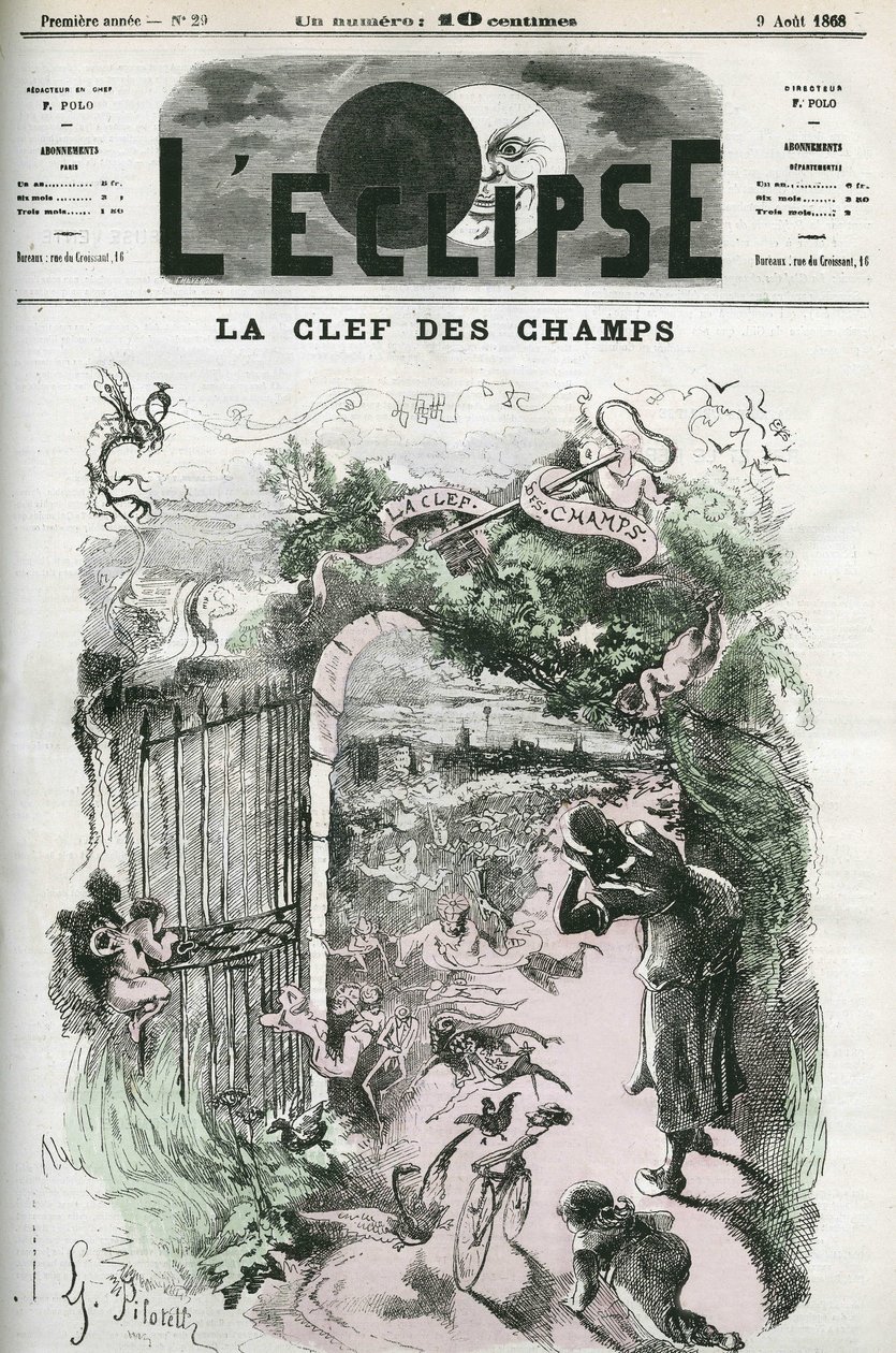 Nøglen til felterne, illustration af Pilotel, der erstatter Gills tegning "Retfærdighed og hævn forfølger kriminalitet", cencure af politiet. Cover i "" L