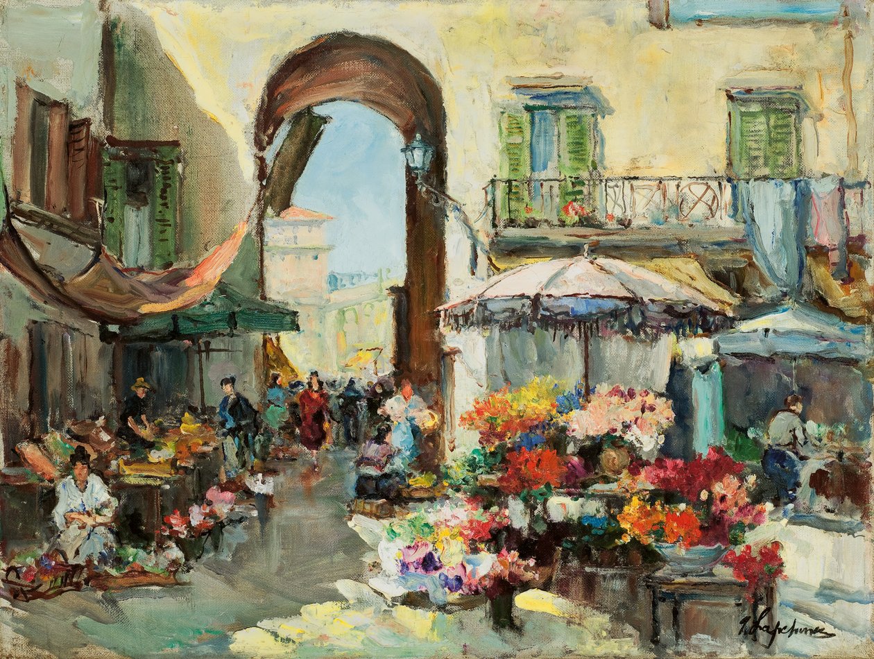 Et blomstermarked i Nice (olie på lærred) af Georges Lapchine